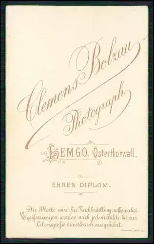 CDV Foto feine junge Dame - Fotografie Clemens Bolzau, Lemgo Ostertorwall 1895