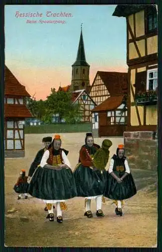 AK Spaziergang der Hessenmädchen Familie Tracht - Kassel 1913 gelaufen