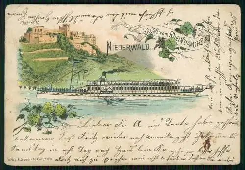 AK Lithographie Rheindampfer Niederwald passiert Schloss Rheinfels 1900 gelaufen