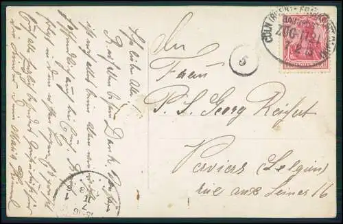 Foto AK diverse Personen Melone Hut 1913 Bahnpost von Köln Adresse nach Belgien