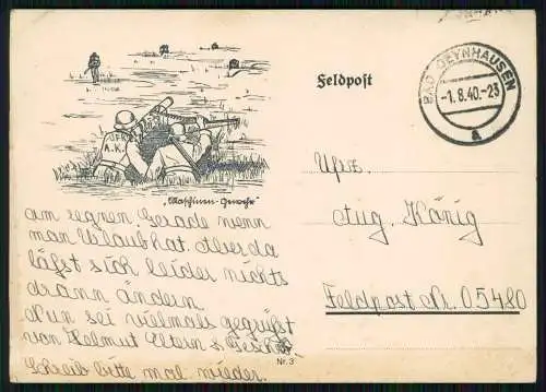 Feldpostkarte Wehrmacht Skizze Soldaten an der Front mit MG - 1940 Feldpost gel.