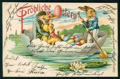 AK Litho - Frohe Ostern, Osterhase in einem Boot, Ei, - 1905