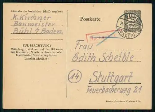 Postkarte Ganzsache Amerikanische Zone Bühl Baden 1946 gelaufen nach Stuttgart