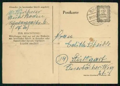 Postkarte Ganzsache Amerikanische Zone Bühl Baden 1945 gelaufen nach Stuttgart