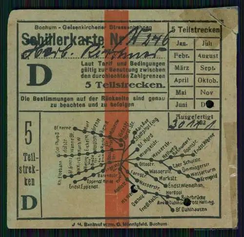 Fahrkarte Schülerkarte - Bochum Gelsenkirchen - Bus und Straßenbahnen 1932