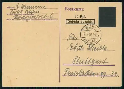 Postkarte Ganzsache Amerikanische Zone Bühl Baden 1946 gelaufen nach Stuttgart