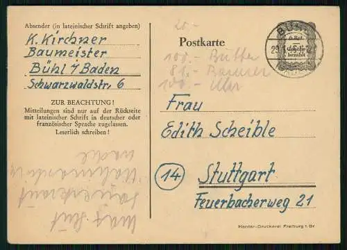 Postkarte Ganzsache Amerikanische Zone Bühl Baden 1946 gelaufen nach Stuttgart