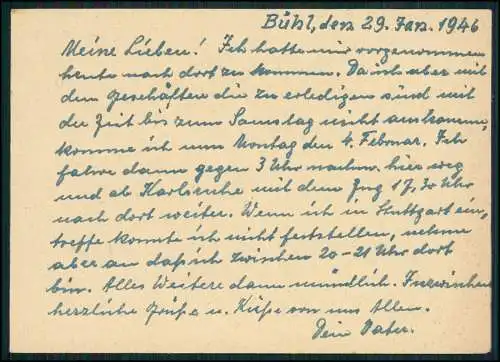 Postkarte Ganzsache Amerikanische Zone Bühl Baden 1946 gelaufen nach Stuttgart