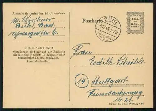 Postkarte Ganzsache Amerikanische Zone Bühl Baden 1945 gelaufen nach Stuttgart