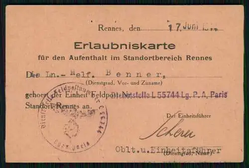 Erlaubniskarte für den Aufenthalt im Standortbereich - Rennes Frankreich 1944