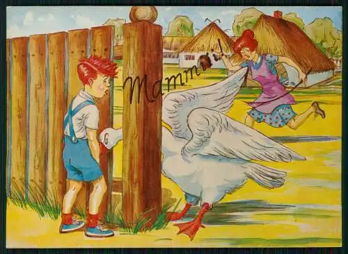 AK Scherz - Bauernhof Gans beist Jungen vorne in die Hose