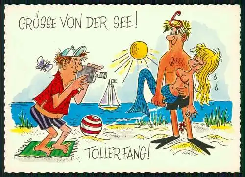 AK Scherz -GRÜSSE VON DER SEE - lustiger Toller Fang Meerjungfrau Dame Oben ohne