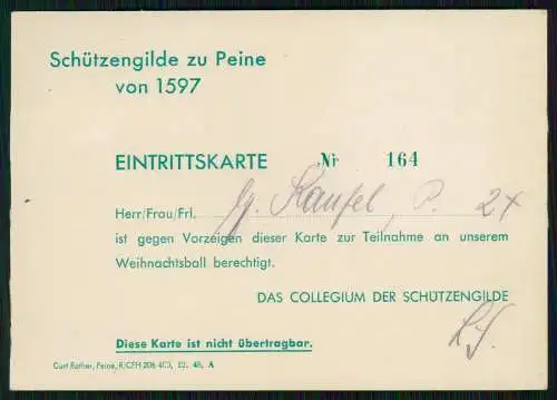 Eintrittskarte von Kaufel Schützengilde Peine Braunschweig Weihnachtsball 1939