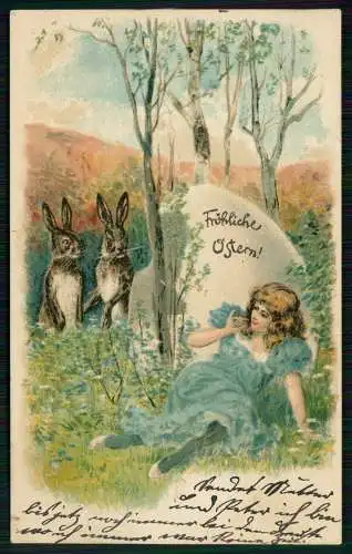 AK Litho - Frohe Ostern 2 Osterhasen Mädchen im Versteck - 1905 gelaufen