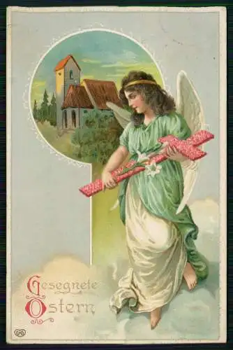 Litho Künstler AK Präge - Gesegnete Ostern Engel mit Kreuz - 1911 gelaufen