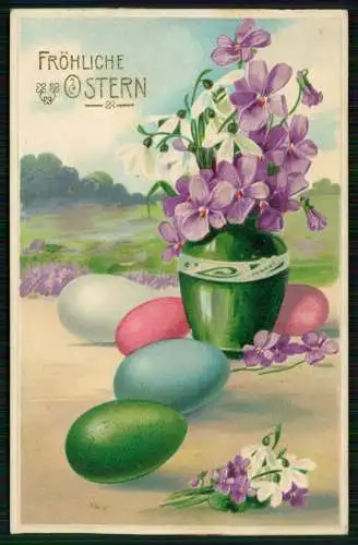 AK Präge - Fröhliche Ostern - Blumenvase Veilchen Ostereier  - 1909 gelaufen