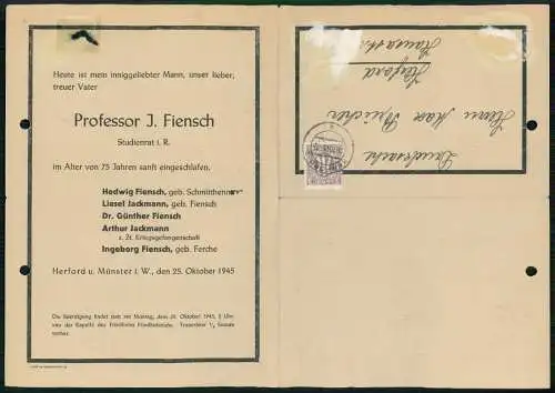Brief Professor J. Fiensch Studienrat i. R. Herford u. Münster i. W. gest. 1945