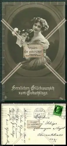 Orig. AK Künstler Hübsche junge Dame mit Blumen zum Geburtstag 1915 gelaufen