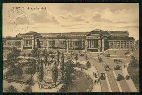 AK - Leipzig in Sachsen - Hauptbahnhof Straßenbahn Autos .... - 1913 gelaufen