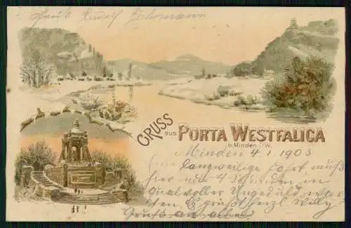 Winter-Lithographie Porta Westfalica Weser Minden Flusspartie Denkmal- 1903 gel.