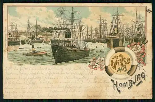 AK Litho Hamburg - 1895 gelaufen - Segelschiffe im Hafen