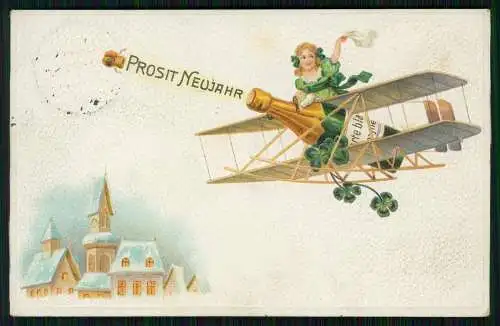 Präge Ak Glückwunsch Neujahr Mädchen Flugzeug Glücksklee Sektflasche 1915 gel.