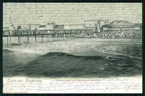 AK Norderney - Strandpartie mit Seesteg - Blick auf die Kaiserstrasse -1904 gel.