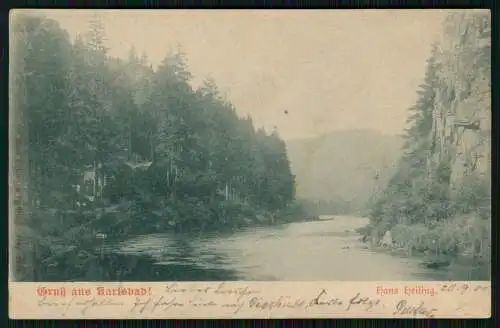 AK - Karlovy Vary Karlsbad - Hans Heiling Felsen am Fluß - 1900 gelaufen