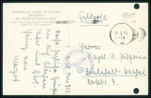 Foto AK - Motorschiff Milwaukee Hamburg Amerika Linie HAPAG - Feldpost 1943 gel.