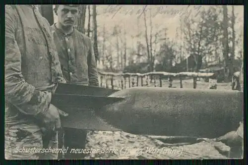 AK 1. WK - Schusterschemel neuester Sorte französische Wurf-Mine - 1916 Feldpost