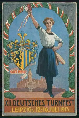 AK Künstler Wappen Leipzig in Sachsen XII. Deutsches Turnfest Juli 1913 gelaufen