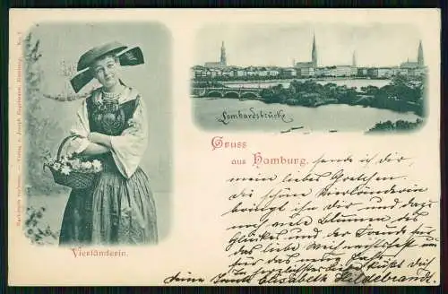 AK - Hamburg - Dame in  Vierländer-Tracht - und Lombardsbrücke - 1897 gelaufen