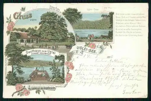 Litho Eutin Uglei-See Gasthaus zum Uglei Angelbrücke Inh. A. Holzbach 1897 gel.