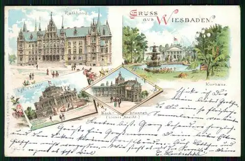 Litho Wiesbaden Neues Kgl. Theater Rathaus Evang Kirche Kochbrunnen - 1898 gel.