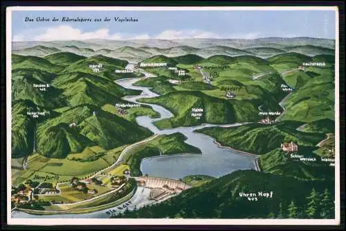 Landkarte Edersee Edertal Waldecker Talsperre aus d. Vogelschau Uhrenkopf Kanzel