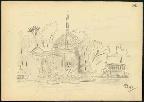 Kriegs-Zeichnung 30x21cm - Chris Porschen sign. - Mosque, Moschee, Minarett 1943