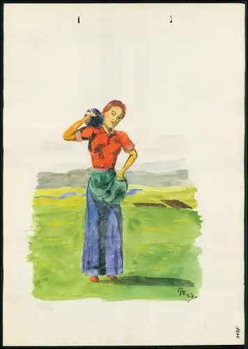 Kriegs-Zeichnung 30x21cm - Chris Porschen sign. - Aquarell Frau mit Amphore 1943