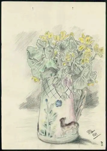 5x Kriegs-Zeichnung 30x21cm - Chris Porschen sign. - Blumen Vase und andere 1943