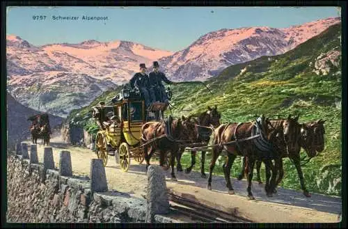 AK Künstler - Schweizer Alpenpost - Postkutsche, Pferde - 1911 Thusis gelaufen