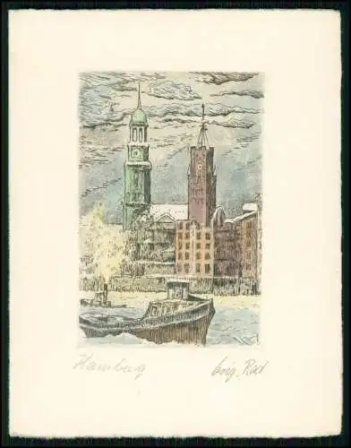 Radierung Blattgröße: 14 x 11cm - Hamburg, Hafen mit Michel u. Kehrwiederspitze