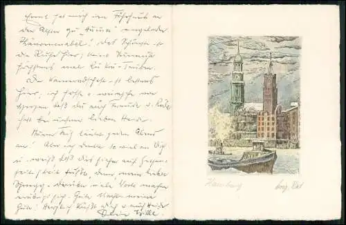 Radierung Blattgröße: 14 x 11cm - Hamburg, Hafen mit Michel u. Kehrwiederspitze