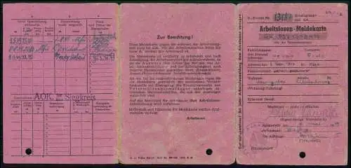 Ausweis Dokument - Arbeitslosen-Meldekarte - Siegburg im Rhein Sieg Kreis 1949