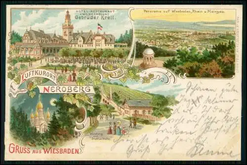 Litho Wiesbaden Neroberg - Hotel Restaurant Krell Drahtseilbahn - 1898 gelaufen
