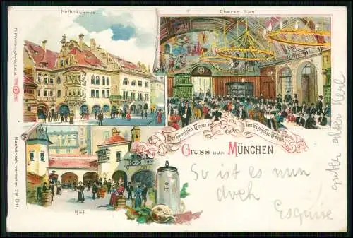AK Lithographie - Gruss aus München - Hofbräuhaus Saal Hof u.a. - 1898 gelaufen