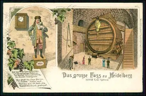 Litho Heidelberg Der grosse Fass, Zerg Perkeo im Heidelberger Schloss -1900 gel.