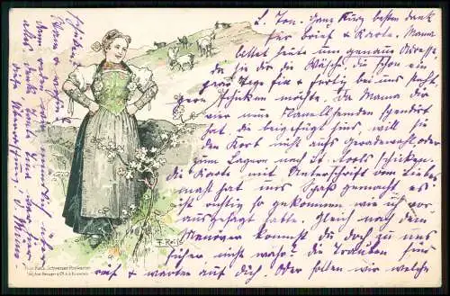 AK - Schweizerin in Tracht -Leutnant Wolf Ulanen-Regiment Nr. 14.- 1903 gelaufen