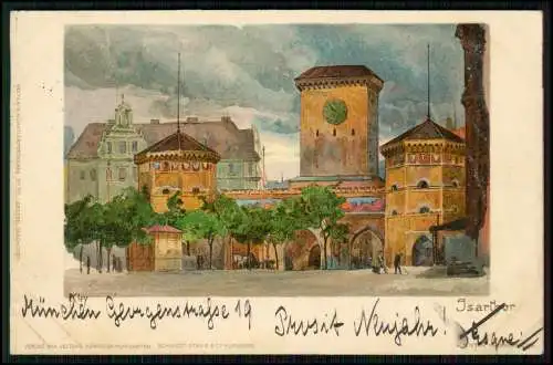 München Künstler-Lithographie Heinrich Kley - Blick zum Isartor - 1903 gelaufen