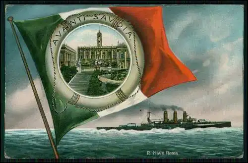 2x AK Ansichtskarte - Italienisches Kriegsschiff Roma - Fahne, Rettungsring