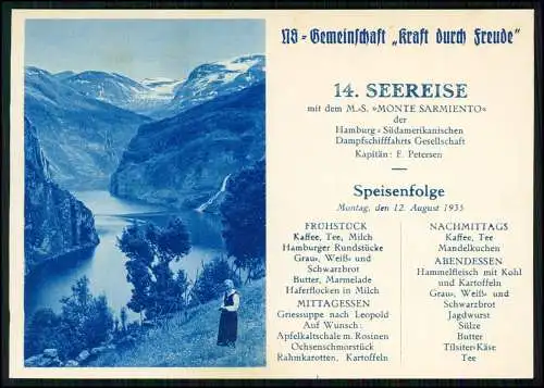 AK Dampfschifffahrt 14. Seereise 1935 mit dem M.S. Monte Sarmiento Speisenfolge