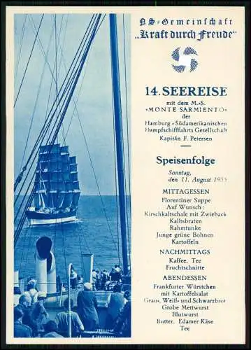 AK Dampfschifffahrt 14. Seereise 1935 mit dem M.S. Monte Sarmiento Speisenfolge